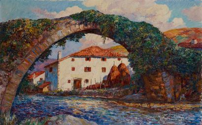 Louis FLOUTIER Louis FLOUTIER (1882-1936) - Maison et pont - Huile sur toile signée...
