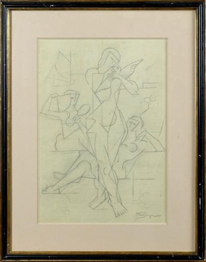 Jean Metzinger (1886-1956). Composition aux trois Elégantes et Oiseau. Dessin au... Gazette Drouot