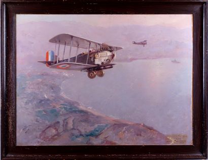 Jean-Louis Paguenaud (1876-1952). Avion dans la baie. Huile sur panneau, signée en... Gazette Drouot