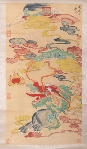 null Ensemble de deux peintures : CHINE  XXème siècle.  "Dragon et nuages"  - "Enfants...