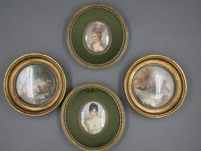 null Ensemble de 4 miniatures peintes sur bois et sur ivoire, signées.