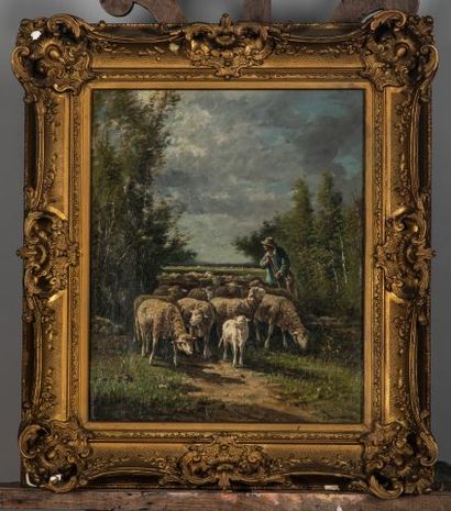 null James DESVARREUX-LARPENTEUR (1847-1937), Le berger et son troupeau, Huile sur...