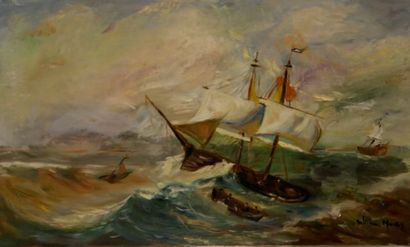 null William MERCIER (XXè), Bateaux en mer, huile sur toile, signée en bas à droite,...