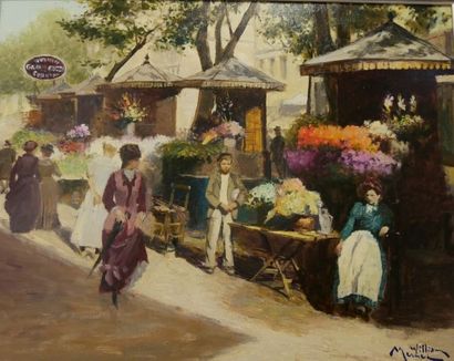 null William MERCIER (XXè), Paris, le marché aux fleurs, huile sur toile, signée...