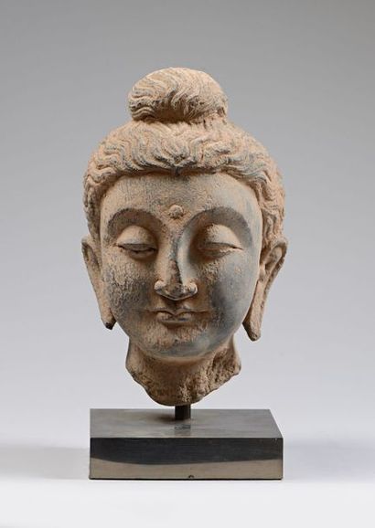 null Tête de Boddhisattva coiffée d'une importante chevelure bouclée retenue en un...