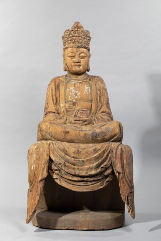 null Bouddha ancien en bois naturel à rehauts de polychromie, THAÏLANDE, XVIIIème...