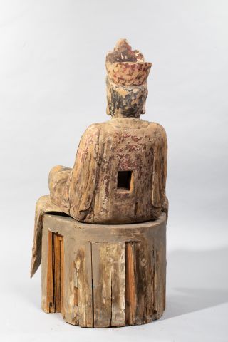 null Bouddha ancien en bois naturel à rehauts de polychromie, THAÏLANDE, XVIIIème...