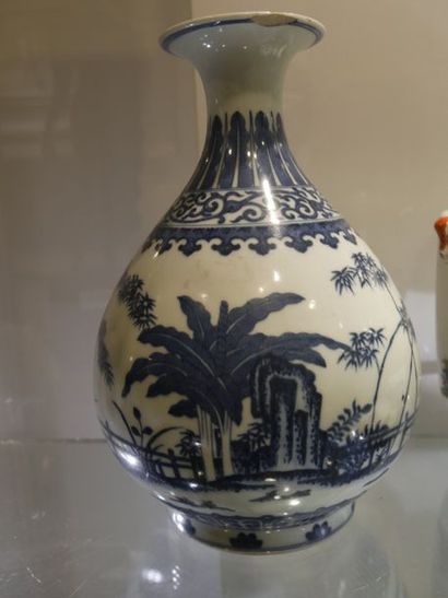 null Vase MEIPING à décors de bambou et bananiers bleus sur fond blanc, CHINE