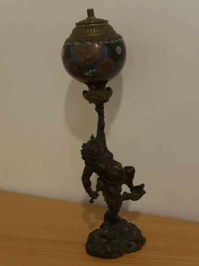 null Statuette TIBET tenant un globe en bronze et émaux XIXe et divers