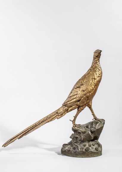 null Léon BUREAU ( 1866- 1906)- Poule faisanne - Bronze sculpté à patine dorée- Signé...