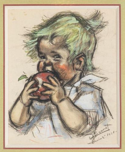 null Germaine BOURET (1907-1953), Enfant croquant une pomme, fusain et gouache, signé...