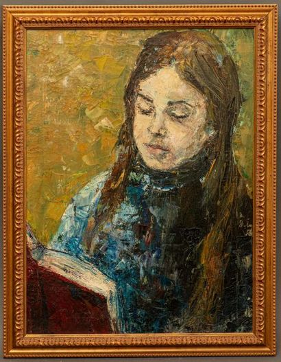 null SHA Qi ?? -ou Shad Ji (1914-2005), Jeune fille à la lecture, huile sur toile,...