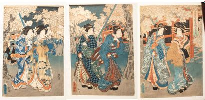 null JAPON, XIXe siècle. TOYOKUNI Utagawa. Trois estampes signées et encadrées ensemble...