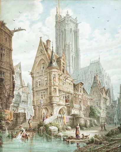 null Alphonse CHAIGNON (né en 1828) - Vue d'une ville imaginaire au Moyen-Age animée...