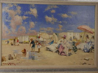 null William MERCIER (XXè), Elegante sur la plage à Deauville, Huile sur toile, signée...