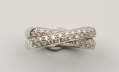 null Ring in 18k white gold composed of two interlaced half-rings set with a pavement...