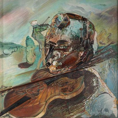 null Ecole XXe, Le violonniste, 1991, technique mixte sur toile, archet et morceaux...