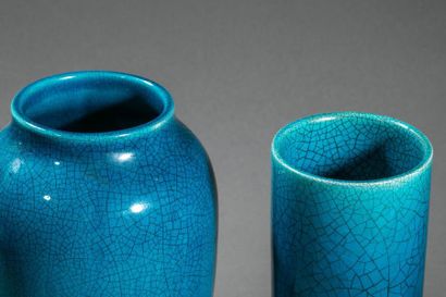 null CHINA, 20th century. Two turquoise blue enameled and cracked porcelain vases,...