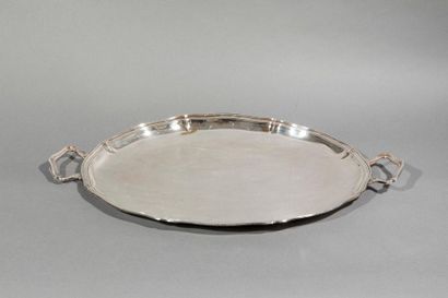 null Tray Chantourné with two silver
 plated metal handles and three geometrical...