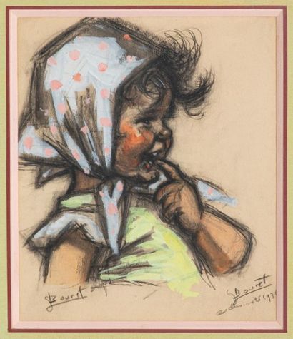 null Germaine BOURET (1907-1953), Fillette au foulard, fusain et gouache, signé en...