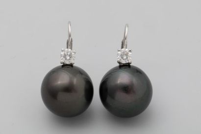 null Pair of earrings in 18K white gold set with important grey tahitian pearls of...
