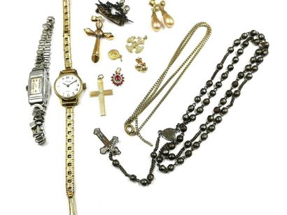 null Ensemble de bijoux : croix en or, chapelet, montre bracelet, boucles d'oreilles,...