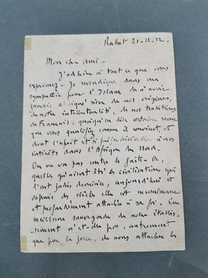null Lettre manuscrite de LYAUTEY - « Rabat le 21-12-22
Mon cher ami,
J’adhère à...