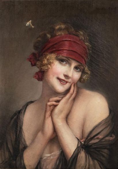 null François MARTIN-KAVEL (1861-1931) - Portrait de femme au bandeau rouge - Huile...