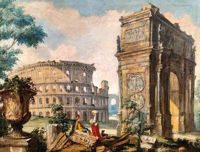 null Ecole Romaine du XVIIIème siècle - Suiveur de Paolo PANINI (1691-1765) - Ruines...