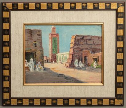 null Albert LEPREUX (1868-1959) - Minaret à Marrakech, près des Saadiens - Huile...