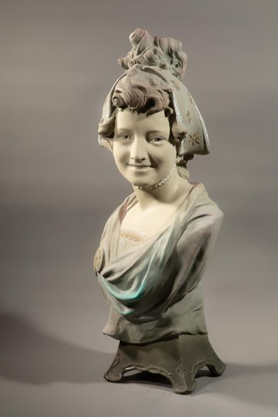 null Mathurin Alexandre PECHE (1872-1943)- Buste en céramique partiellement émaillé...