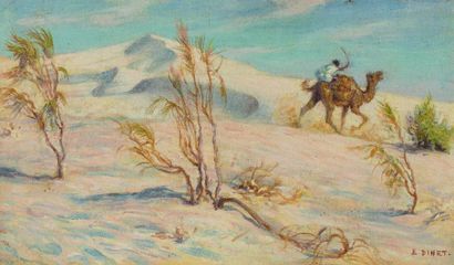 null Etienne DINET (1861-1929) - Chamelier dans les dunes - Huile traitée à l'œuf...