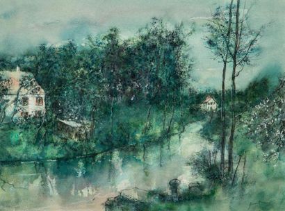 null Bernard GANTNER (1928- 2018) - Les maisons au bord de la rivière au printemps...