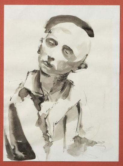 null Ensemble : Paul DAY (1967) - Jeune homme les yeux clos - Plume, encre et lavis...