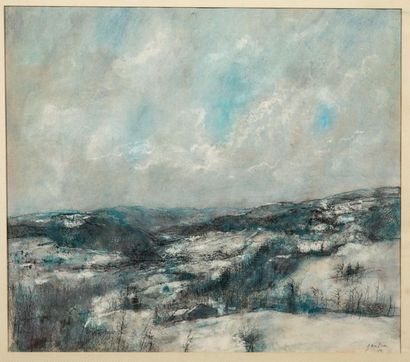 null Bernard GANTNER (1928- 2018) - Hameau sous la neige - Plume - encre, gouache,...