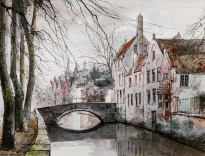 null Marc CHAPAUD (1941) - Canal à Bruges - Deux épreuves à la plume, encre de Chine...
