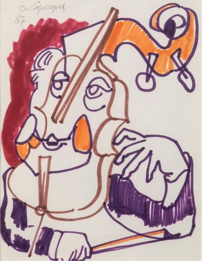 null Charles LAPICQUE (1898-1988) - Le violoncelliste - Feutres sur papier - Signé...