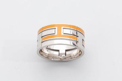 null HERMES  - Bague anneau "Labyrinthe" en argent 925mm partiellement émaillé orange...