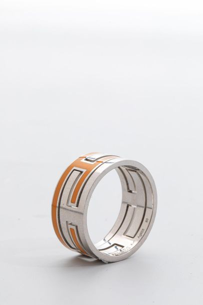 null HERMES  - Bague anneau "Labyrinthe" en argent 925mm partiellement émaillé orange...