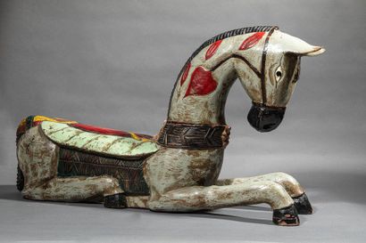 null Polychrome wooden horse in lying position - Work of 19th century folk art -...