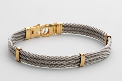 null Bracelet cable en acier et or jaune 18k - PB : 29,3gr - Grand poignet