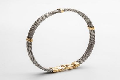 null Bracelet cable en acier et or jaune 18k - PB : 29,3gr - Grand poignet
