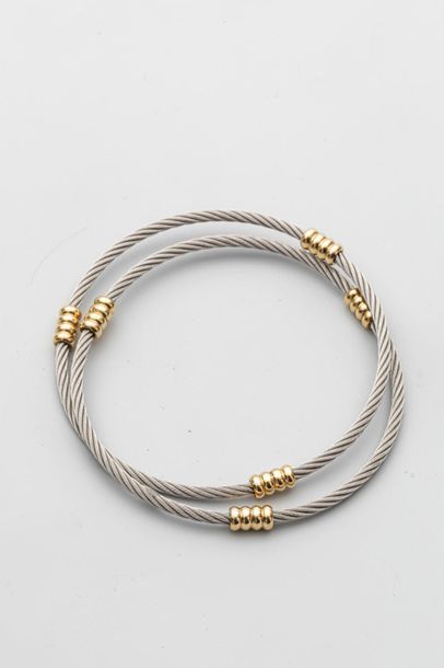 null Double bracelet in steel cable and 18k yellow gold in the style of FRED - PB:...