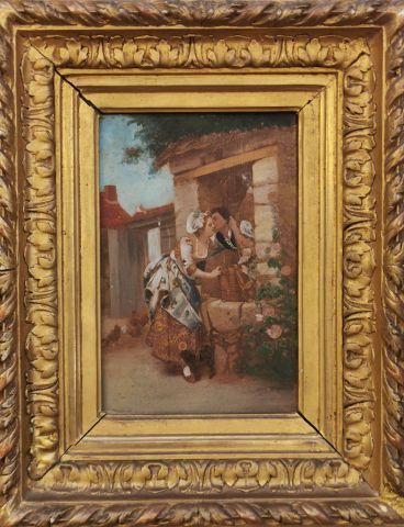 null Ecole française XIXème - Deux petits tableaux représentant un couple à la balançoire...