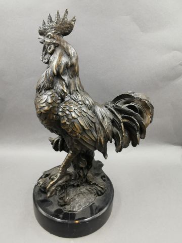 null Antoine-Louis BARYE (1796-1875)- Coq- en bronze à patine brune - Signé sur la...