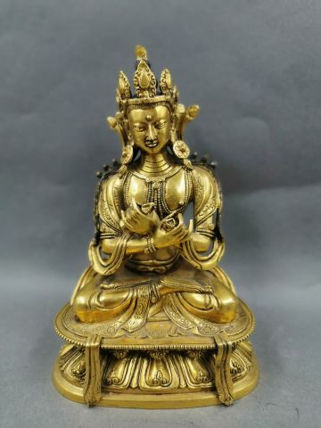 null Buddha en bronze ciselé doré sur socle lotiforme- Thaïlande - H :17,5cm