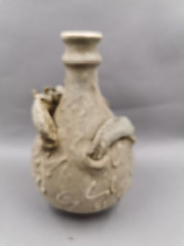 null CHINE XIXème - Vase balustre en faience à engobe craquelée et décors appliqué...