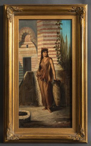 null J. MUCHLER - XIXème siècle- Femme orientale à la jarre. Huile sur toile. signée...