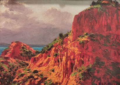 null André DELACROIX (1878-1934) - Les rochers rouges à Carthage - Huile sur panneau...