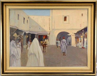 null Karl ROWEDDER-RUGE (1865-1940)  Rue animée à Kairouan. (Tunisie). Huile sur...